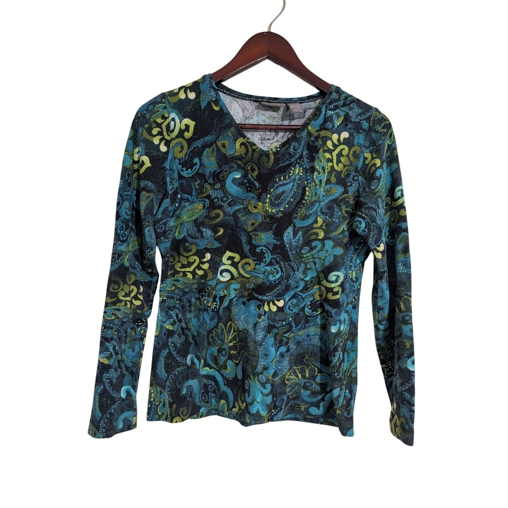 Additions by Chicos Paisley V-Neck Top Blue Green Boho Y2K Fairy Grunge Small